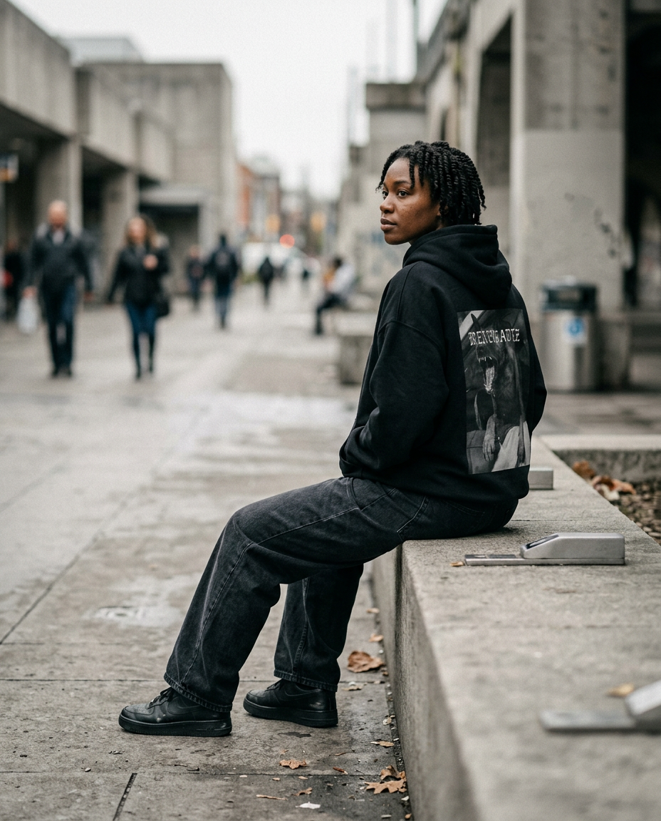 Black woman in a black RENEGADEZ hoodie sitting at a concrete transit plaza
