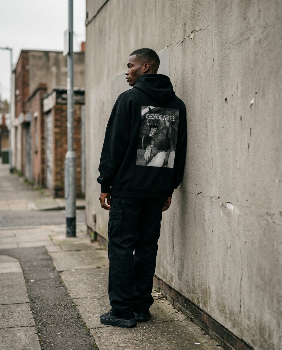 Black man in a black RENEGADEZ hoodie standing on a neighborhood sidewalk
