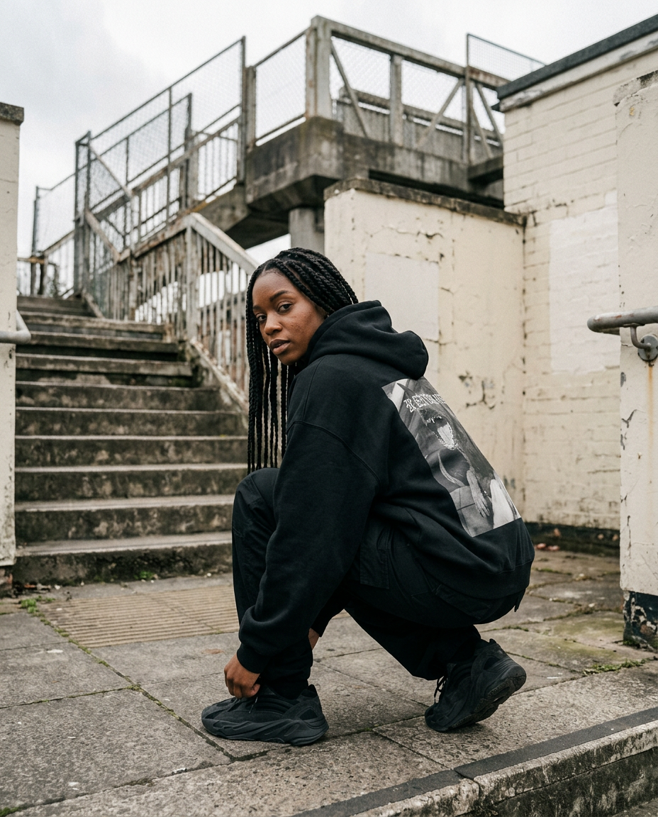 Black woman in a black RENEGADEZ hoodie crouching near pedestrian stairs