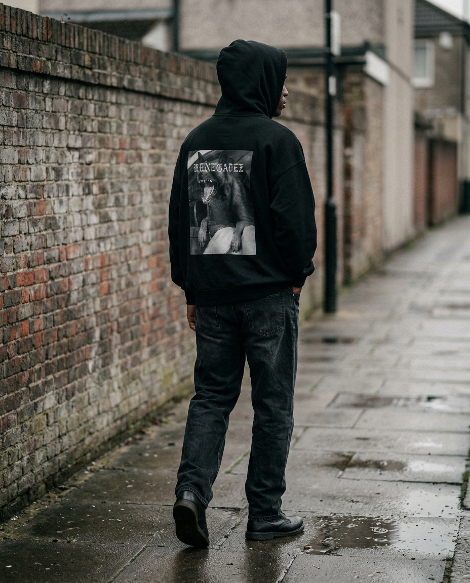 Black man with hood up in a black RENEGADEZ hoodie on a residential sidewalk